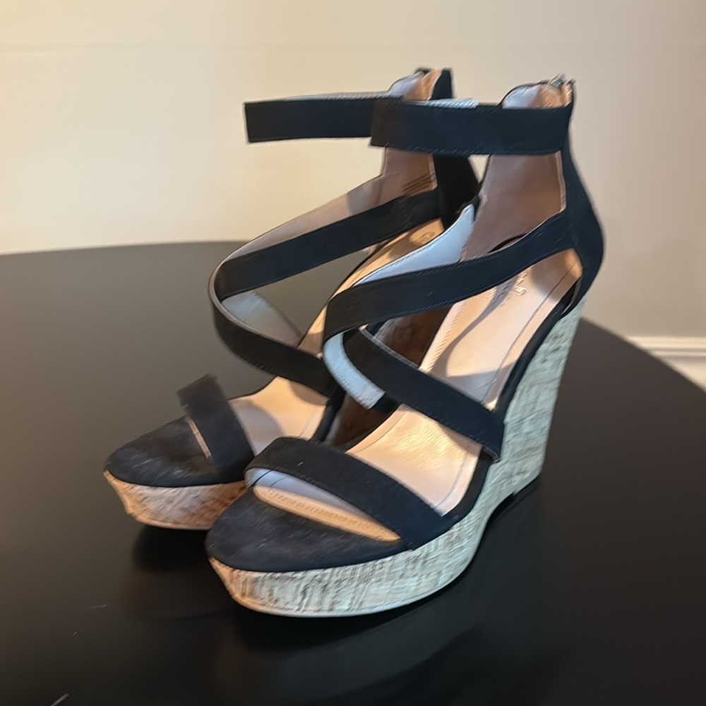 Charles David Platform Alexa Microsuede Black Cork Wedge Sandals strappy ankle 9